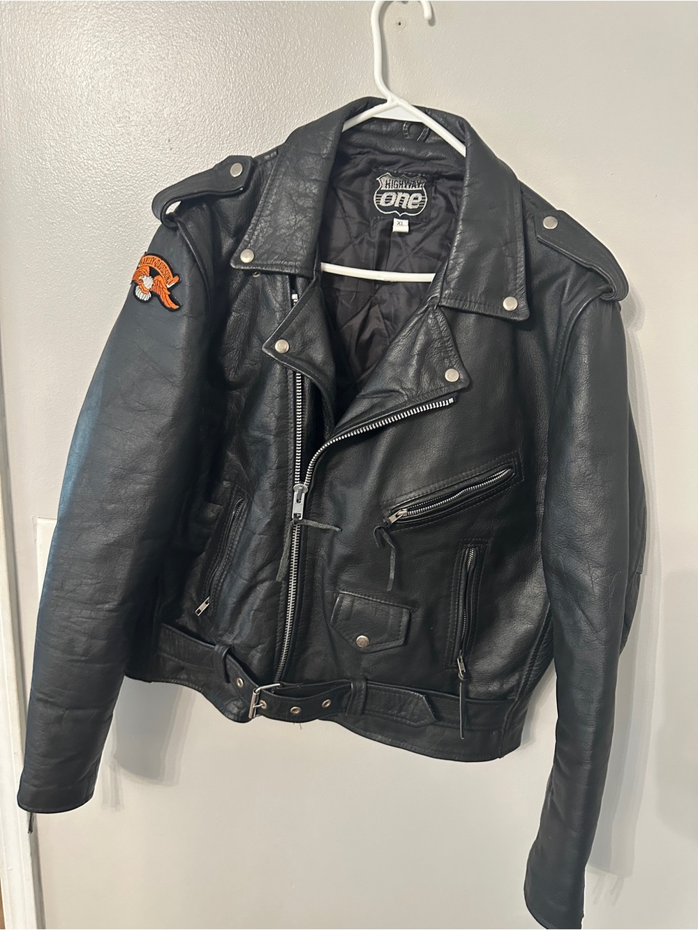 Highway One XL Genuine Leather Motorcycle Jacket Black Harley Patch